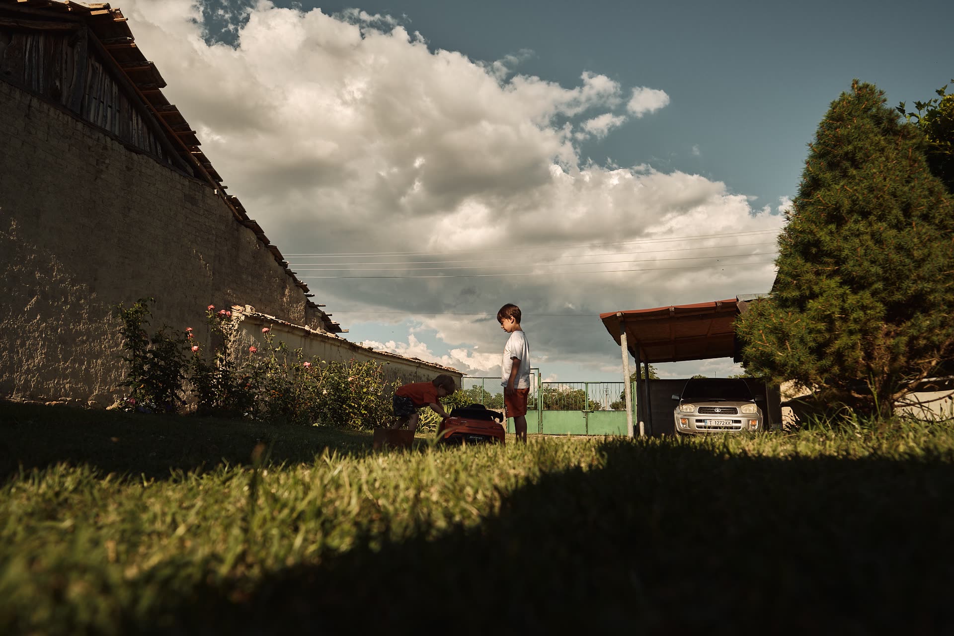 A child standing in a garden under a wide summer sky